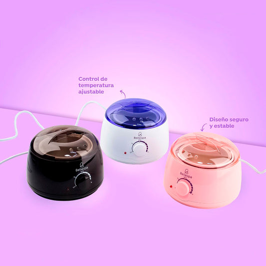 Ollita calentadora de cera en grano Bellespa en tres colores negro blanco y rosado con control de temperatura ajustable