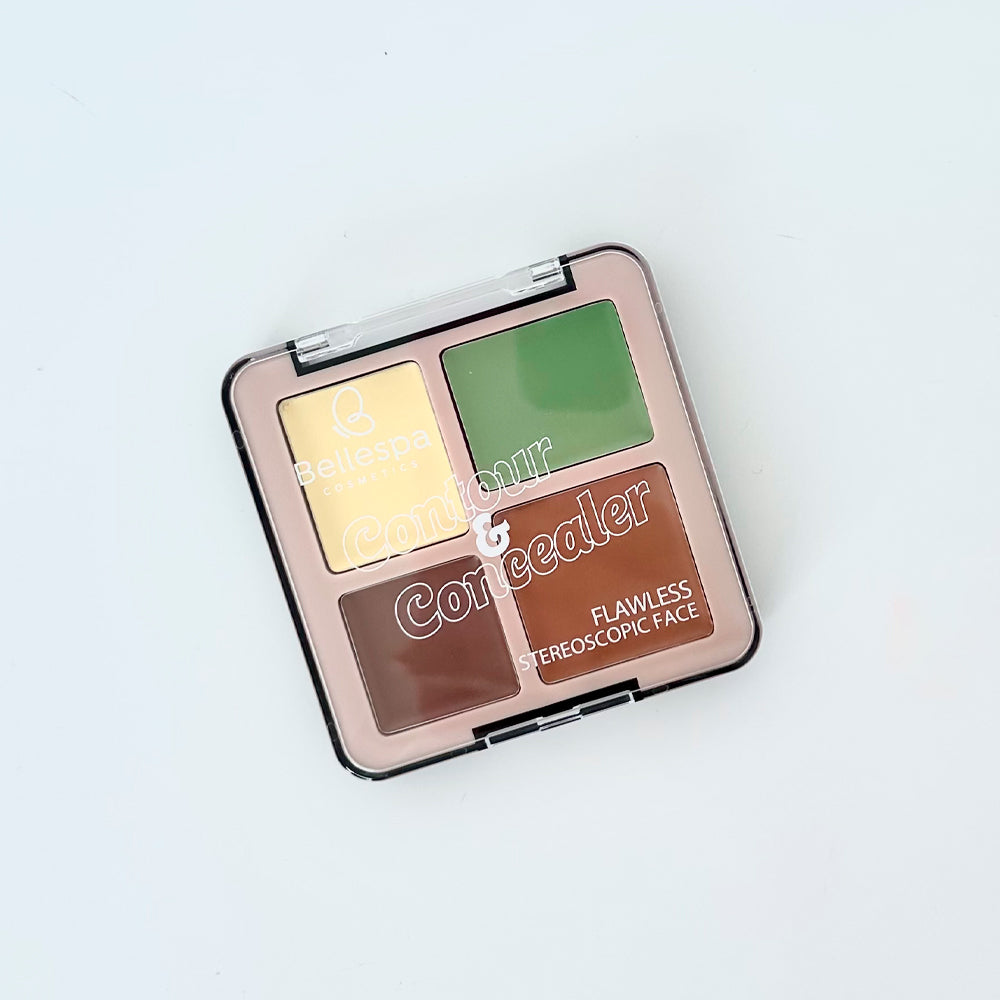 Paleta Contour & Concealer Flawless lado correctores de color verde y amarillo abierta — Bellespa Cosmetics