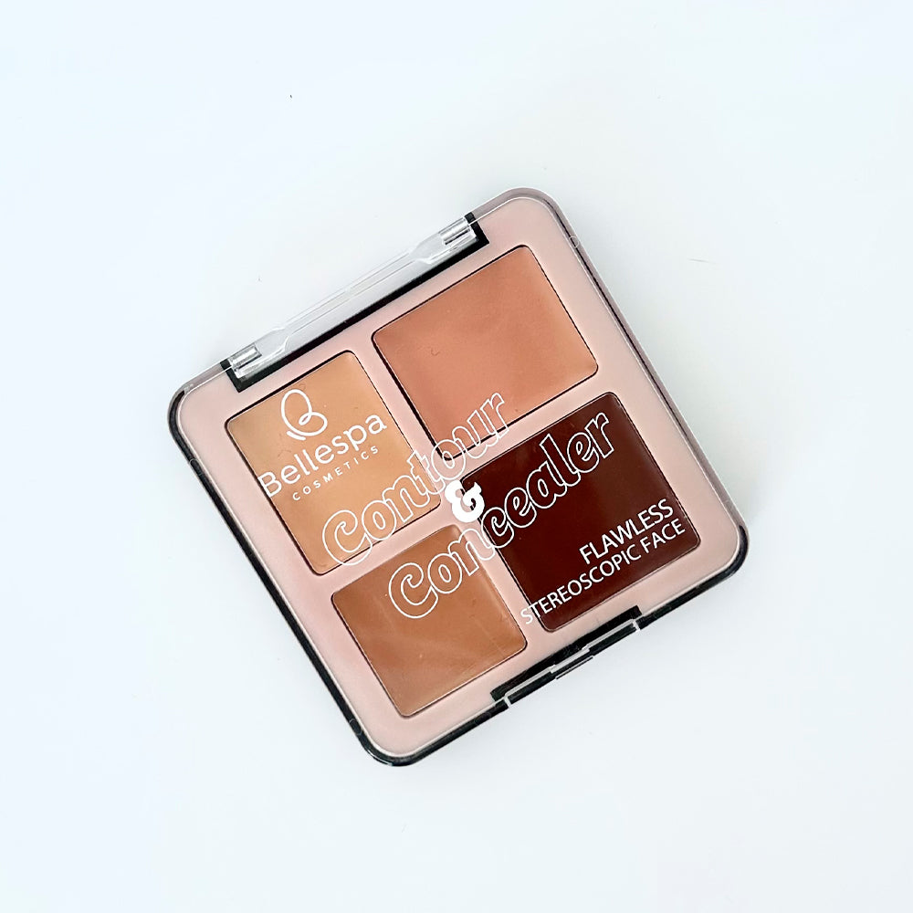 Paleta Contour & Concealer Flawless lado tonos nude y contorno abierta — Bellespa Cosmetics