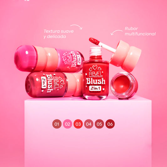 Blush 2 en 1 líquido con aplicador doe-foot y crema en pote multifuncional en múltiples tonos sobre fondo rosa — Reve'l Professional