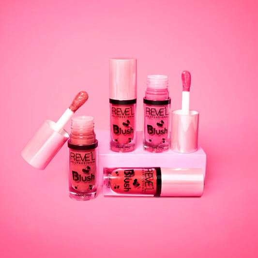 Blush Cheek Tints líquido con aplicador doe-foot en múltiples tonos rosa y coral sobre fondo rosa — Reve'l Professional