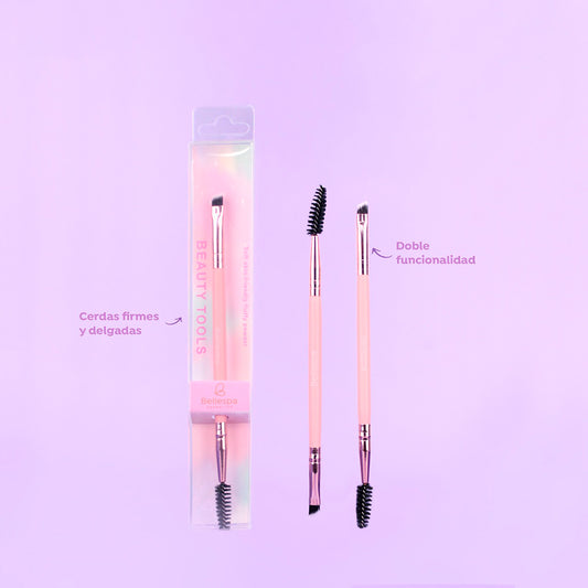 Brocha de cejas doble punta con spoolie Bellespa Beauty Tools mango rosa con detalles rose gold en blister sobre fondo lila