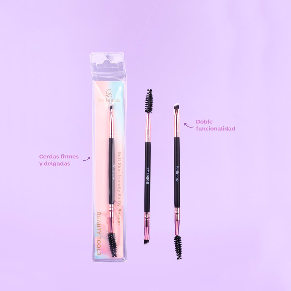 Brocha de cejas doble punta con spoolie Bellespa Beauty Tools de mango negro con ferrulas rose gold, en empaque blister individual.