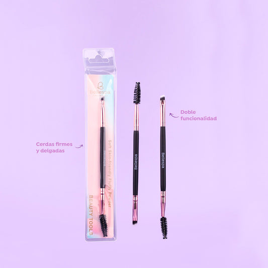 Brocha de cejas doble punta con spoolie Bellespa Beauty Tools de mango negro con ferrulas rose gold, en empaque blister individual.