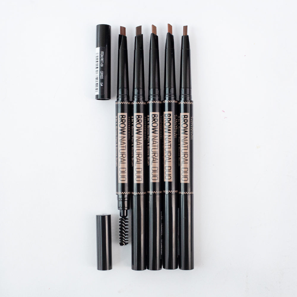 Revel Professional Brow Natural Duo 2-in-1 brow pen and brush in multiple shades displayed on white background