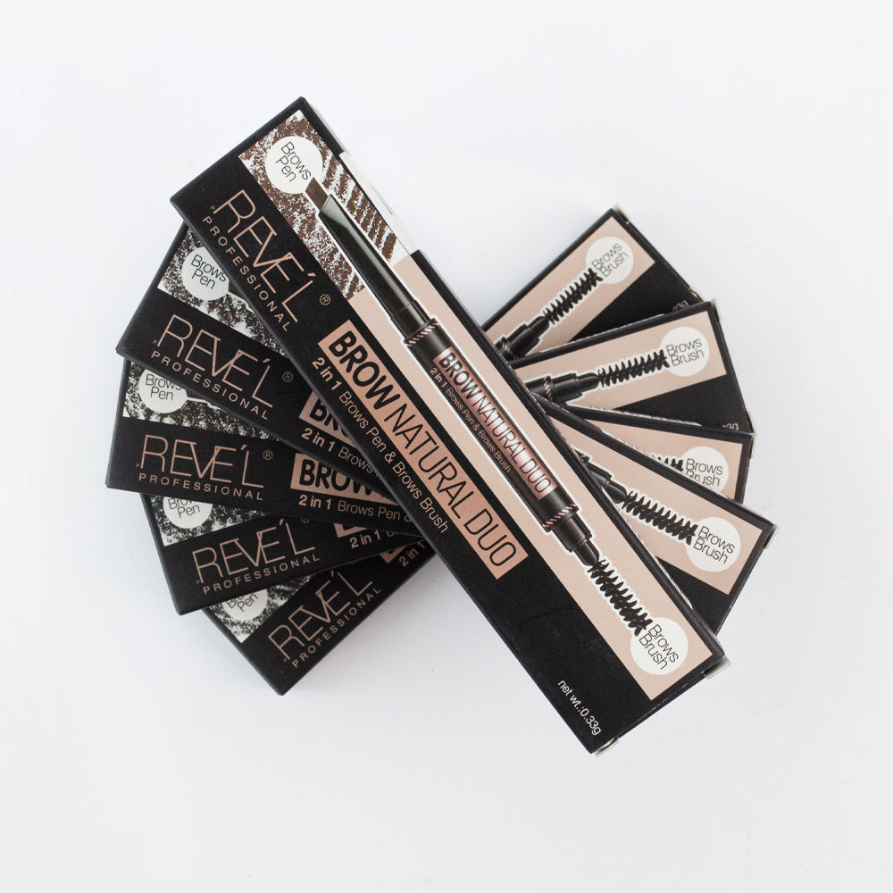 Revel Professional Brow Natural Duo 2-in-1 Brow Pen and Brush in black packaging, fanned out on white background