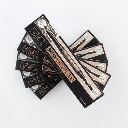 Revel Professional Brow Natural Duo 2-in-1 Brow Pen and Brush in black packaging, fanned out on white background