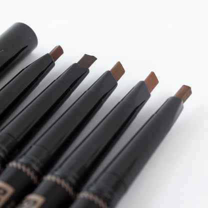 Close-up of Revel Professional Brow Natural Duo flat-tip brow pen in multiple brown shades on white background