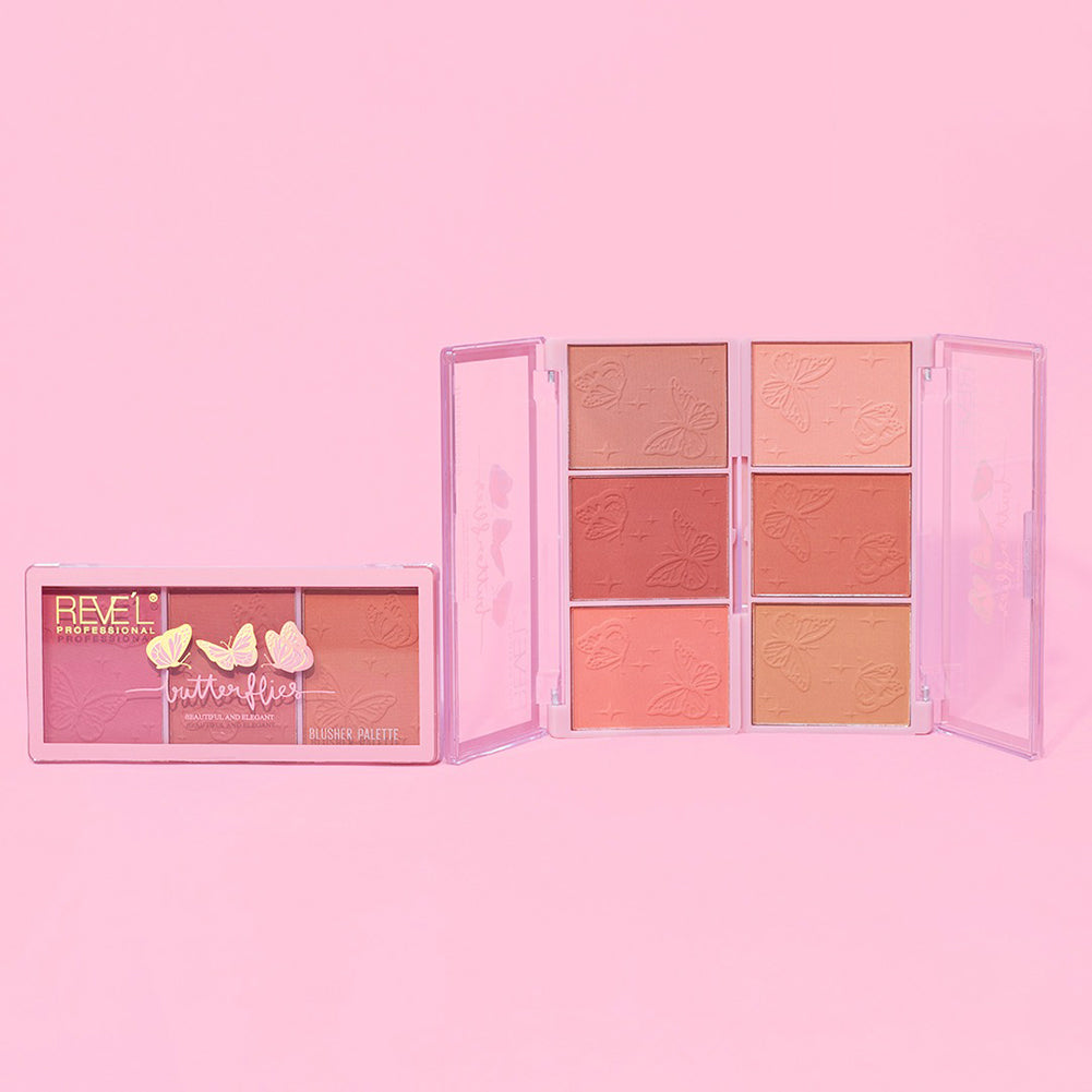 Butterflies Blusher Palette Revel Professional – Paleta de 6 rubores en polvo con diseño de mariposas en tonos rosados y terracota, fondo rosa