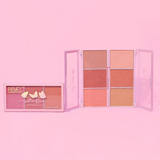 Butterflies Blusher Palette Revel Professional – Paleta de 6 rubores en polvo con diseño de mariposas en tonos rosados y terracota, fondo rosa