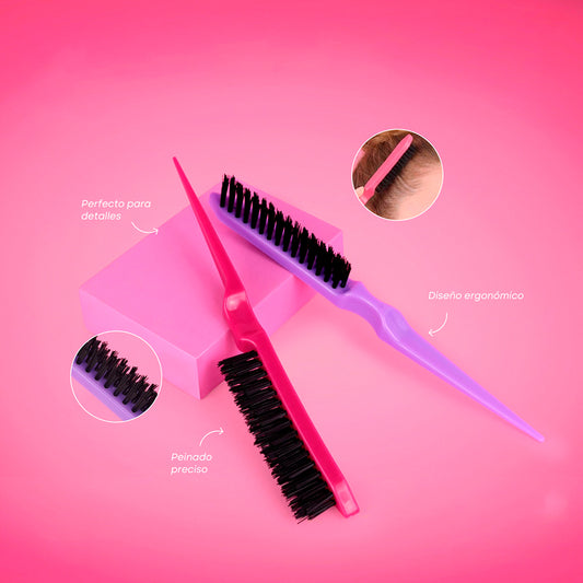 Cepillo baby hair estilizador ergonómico rosa y morado para peinado preciso de bordes