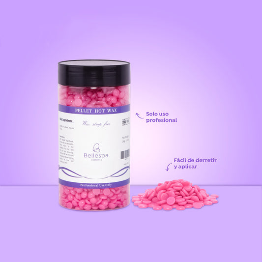 Cera depilatoria en grano Bellespa Pellet Hot Wax 200g sin tiras en taper con tapa negra, gránulos rosados fáciles de derretir, uso profesional, sobre fondo lila