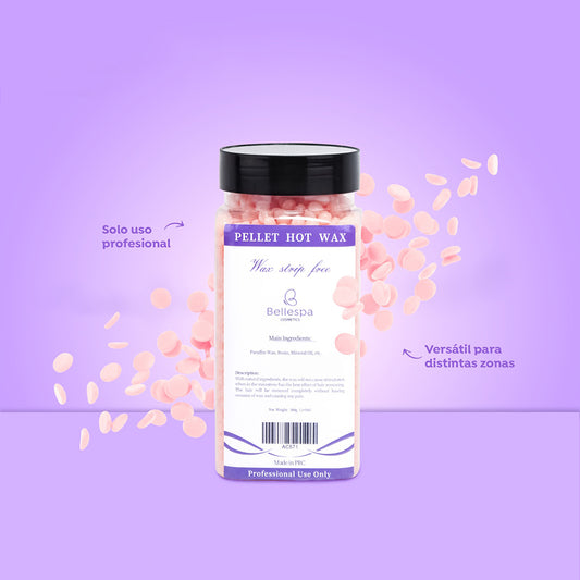 Cera depilatoria en grano Bellespa Pellet Hot Wax 300g sin tiras en taper con tapa negra, gránulos rosados para uso profesional, sobre fondo lila