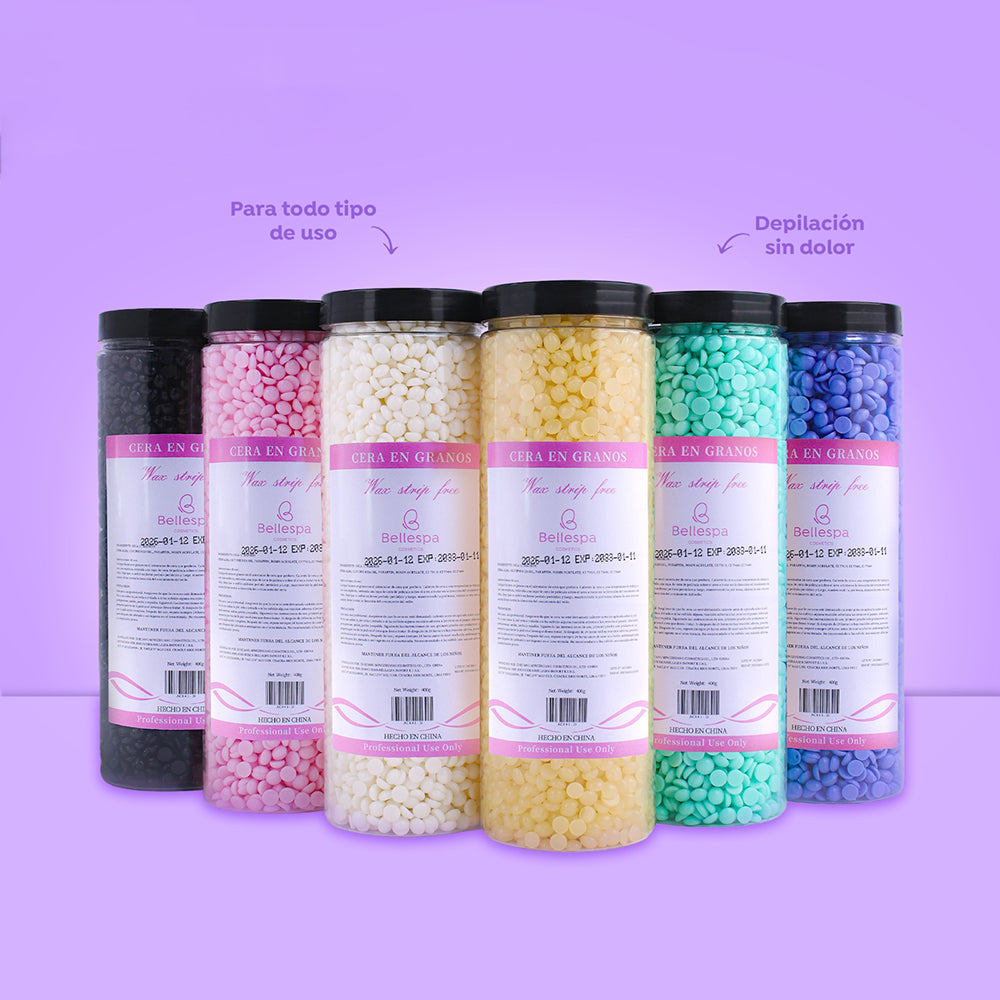 Cera Depilatoria en Grano Wax Bead Sin Tiras 400g Bellespa en 6 colores: negro, rosa, blanco, amarillo, verde y azul