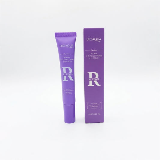 Contorno de ojos Retinol Anti-Aging Firming Eye Cream 20g Bioaqua en tubo y caja morada, absorción rápida no pegajosa y humectante