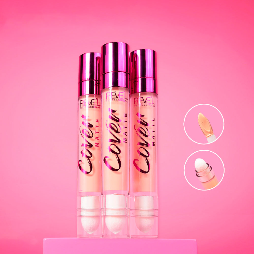 Corrector líquido Cover Matte Reve'l Professional con doble aplicador esponja y punta difuminadora en tono beige