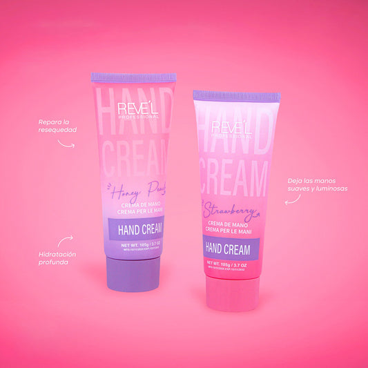 Crema de manos hidratación profunda 105g Reve'l Professional en fragancias Honey Peach lila y Strawberry rosa que repara resequedad y deja manos suaves y luminosas sobre fondo rosado