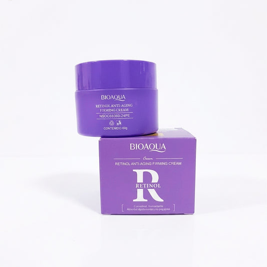 Crema Retinol Anti-Aging Firming Cream 60g Bioaqua en tarro y caja morada, humectante de rápida absorción no pegajosa para uso nocturno