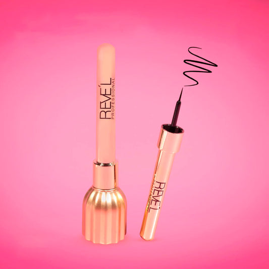 Delineador líquido 24K Gold Reve'l Professional en estuche dorado con punta tipo pincel ultrafina negro intenso