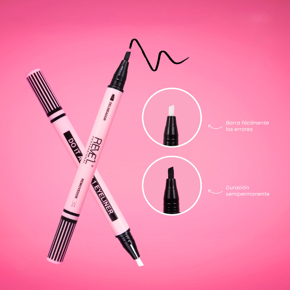 Delineador líquido negro doble punta con borrador integrado Do It All Revel Professional, duración semipermanente, fondo rosa