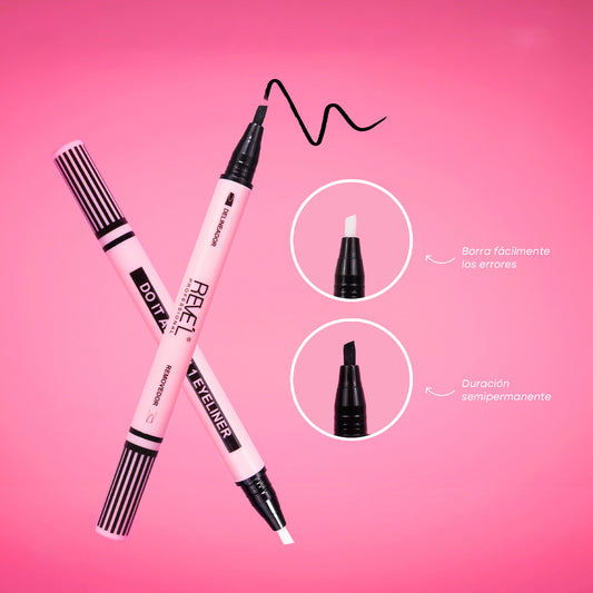 Delineador líquido negro doble punta con borrador integrado Do It All Revel Professional, duración semipermanente, fondo rosa