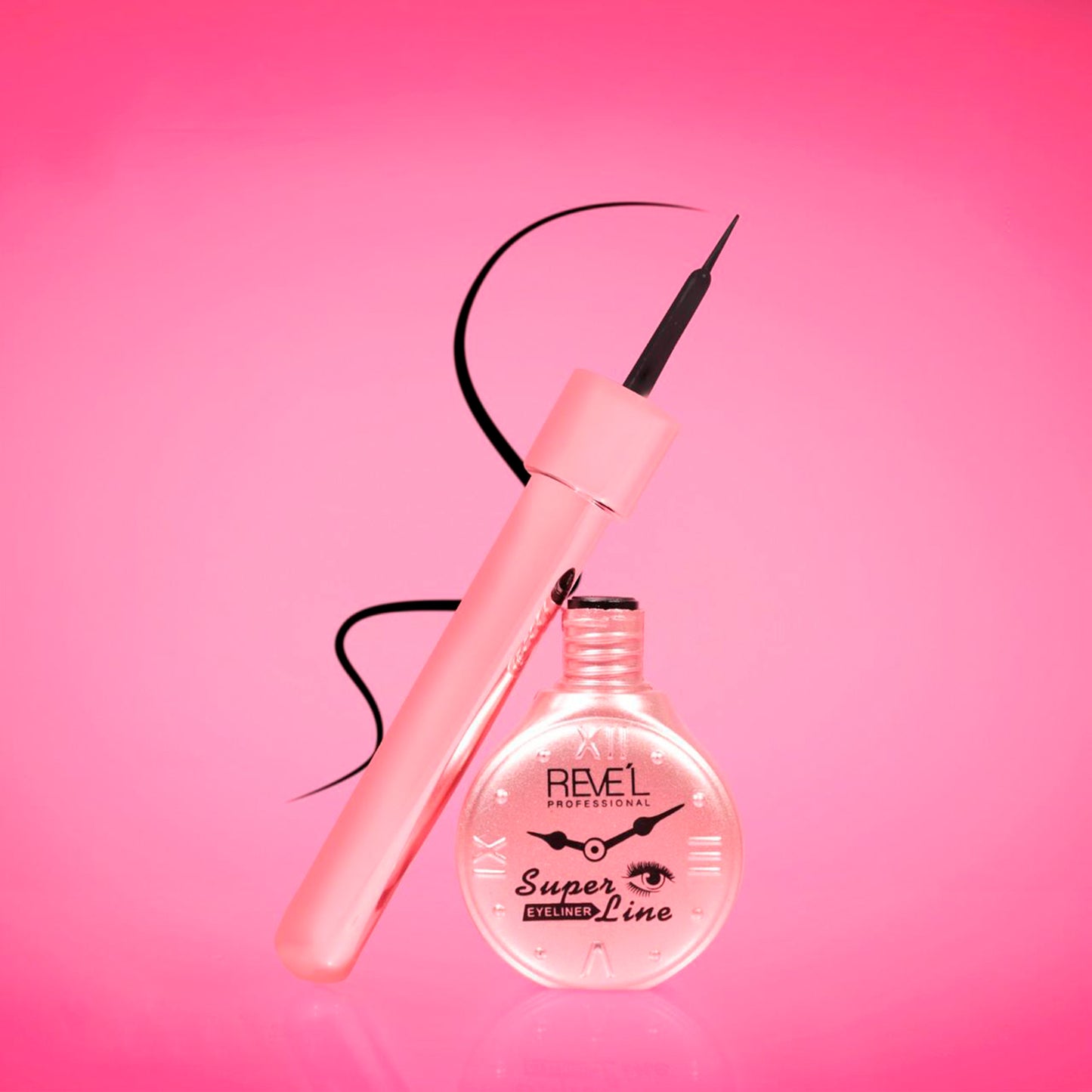 Delineador líquido Super Line Reve'l Professional en frasco redondo rosado con punta tipo pincel negro intenso