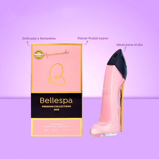 Eau de Parfum Apasionada Joie 80ml Bellespa Premium Collections - frasco icónico en forma de tacón de aguja color rosa con tapa negra