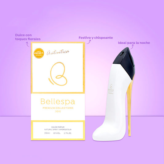 Eau de Parfum Auténtica Joie 80ml Bellespa Premium Collections - frasco icónico en forma de tacón de aguja color negro con tapa negra y tacón dorado