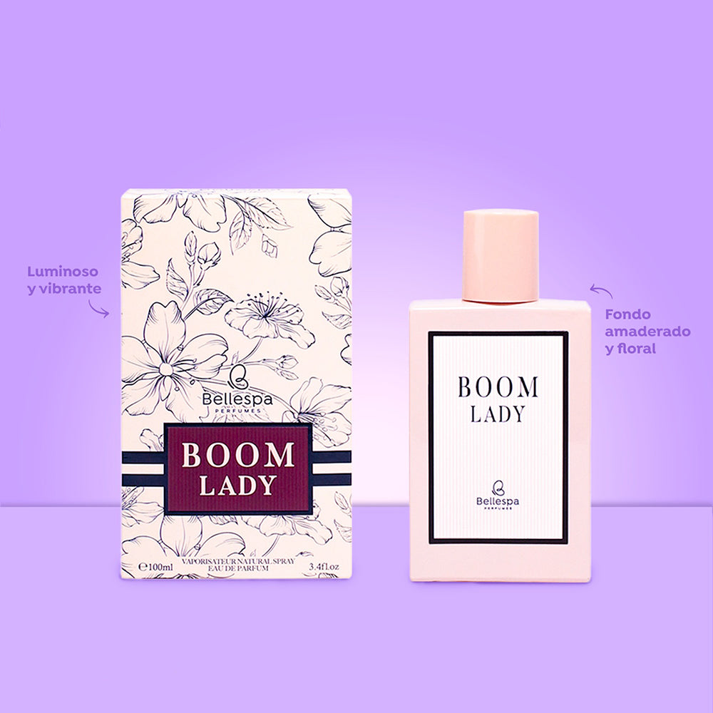 Eau de Parfum Boom Lady Bellespa Perfumes 100ml en frasco rosado con caja floral blanca y detalles burdeos