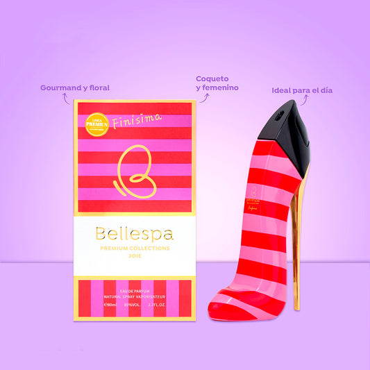 Eau de Parfum Finísima Joie 80ml Bellespa Premium Collections - frasco icónico en forma de tacón de aguja en rayas rosas y rojas con tapa negra