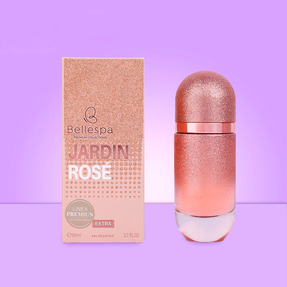 Eau de Parfum Jardin Rosé Bellespa Premium Collections 80ml en frasco rosado con glitter y caja rose gold