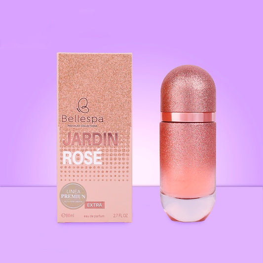 Eau de Parfum Jardin Rosé Bellespa Premium Collections 80ml en frasco rosado con glitter y caja rose gold