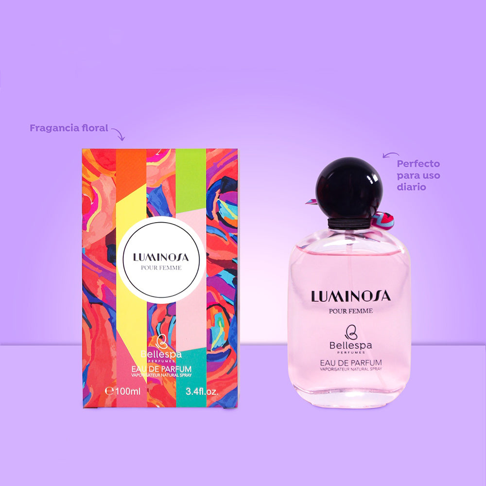 Eau de Parfum Luminosa Pour Femme Bellespa Perfumes 100ml en frasco rosado con tapa negra y caja multicolor floral