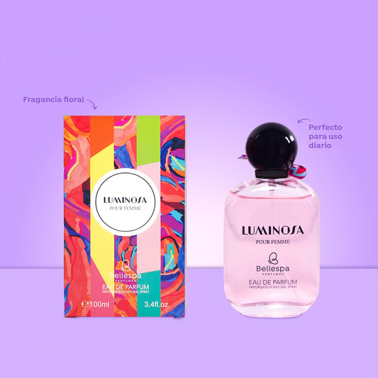 Eau de Parfum Luminosa Pour Femme Bellespa Perfumes 100ml en frasco rosado con tapa negra y caja multicolor floral
