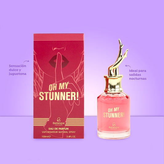 Eau de Parfum Oh My Stunner Bellespa Perfumes 100ml en frasco rosado con tapa dorada y caja roja con detalles dorados
