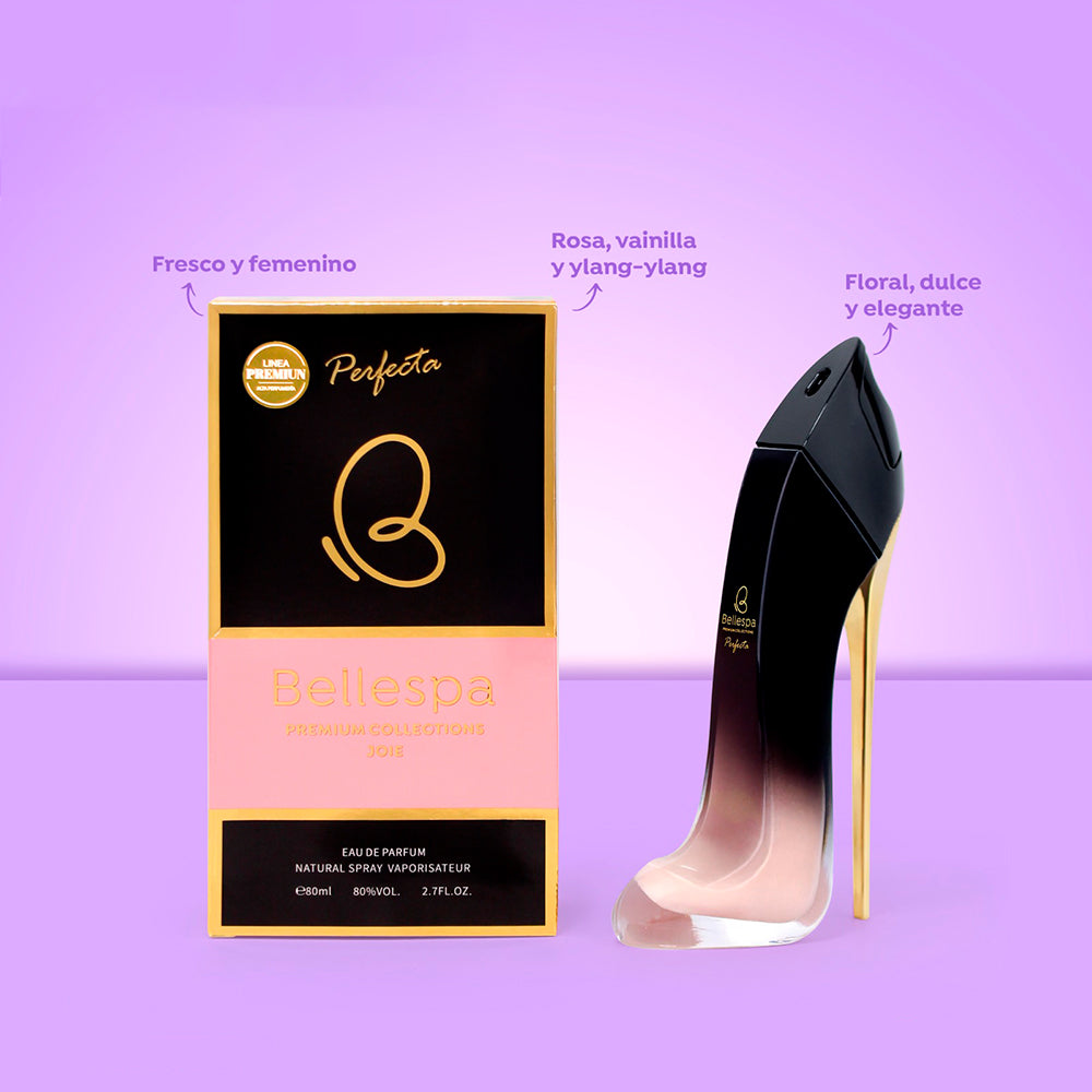 Eau de Parfum Perfecta Joie 80ml Bellespa Premium Collections - frasco icónico en forma de tacón de aguja color blanco con tapa negra