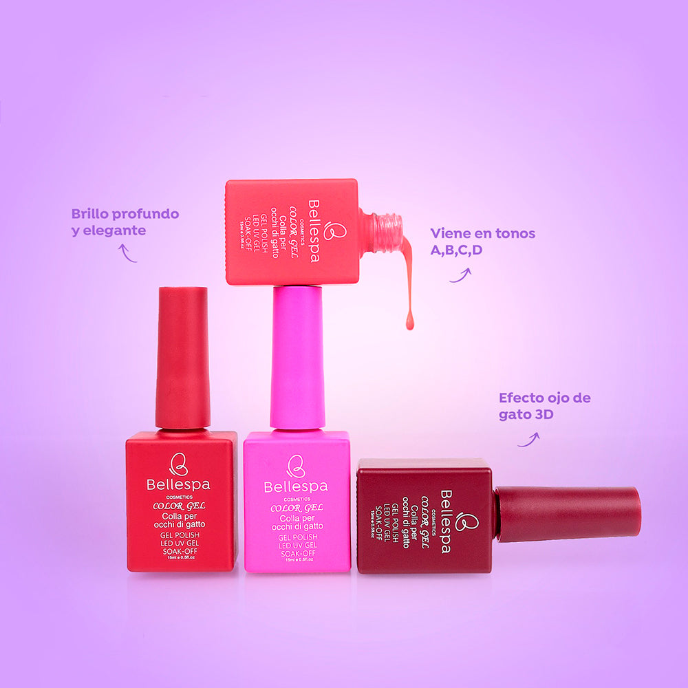Esmalte color gel cat eye 3D soak-off Bellespa brillo profundo múltiples tonos