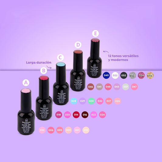 Esmalte Color Gel Ojos de Gato LED/UV Bellespa Cosmetics en frasco negro con más de 30 tonos versátiles y modernos disponibles