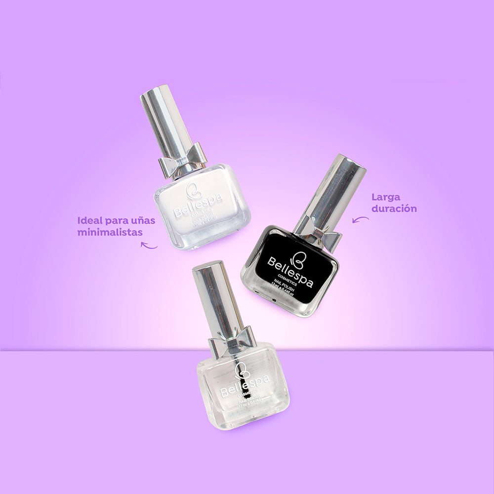 Esmalte de uñas nail polish minimalista larga duración Bellespa Cosmetics en blanco negro y transparente con frasco cuadrado y tapa plateada sobre fondo lila