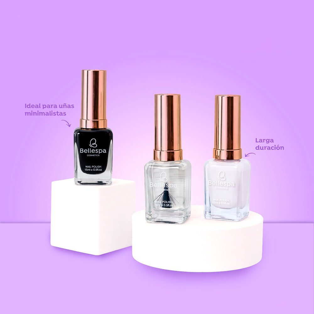 Esmalte de uñas nail polish minimalista larga duración 15ml Bellespa Cosmetics en negro transparente y blanco con frasco cuadrado y tapa rose gold sobre fondo lila