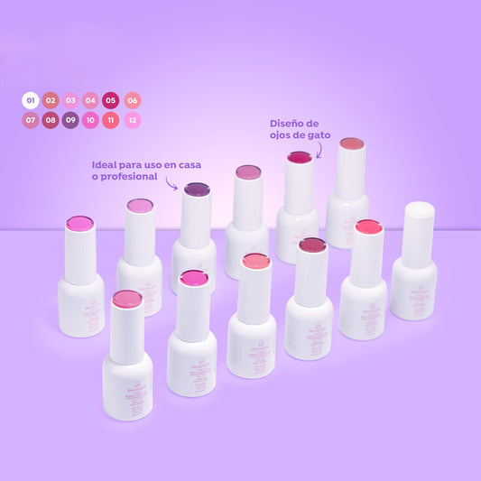 Esmalte Gel Nude Extended 3 en 1 Bellespa Cosmetics colección 12 tonos rosas y morados con diseño ojos de gato