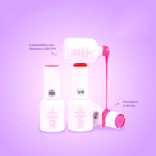 Esmalte Gel Nude Extended 3 en 1 LED/UV 12ml Bellespa Cosmetics en frasco blanco con tapa de colores disponible en varios tonos