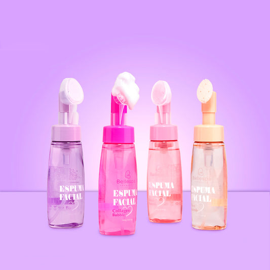 Espuma facial limpiadora Collagen Bubble Bellespa Cosmetics con aplicador integrado en 4 fragancias lila fucsia rosa y durazno sobre fondo lila