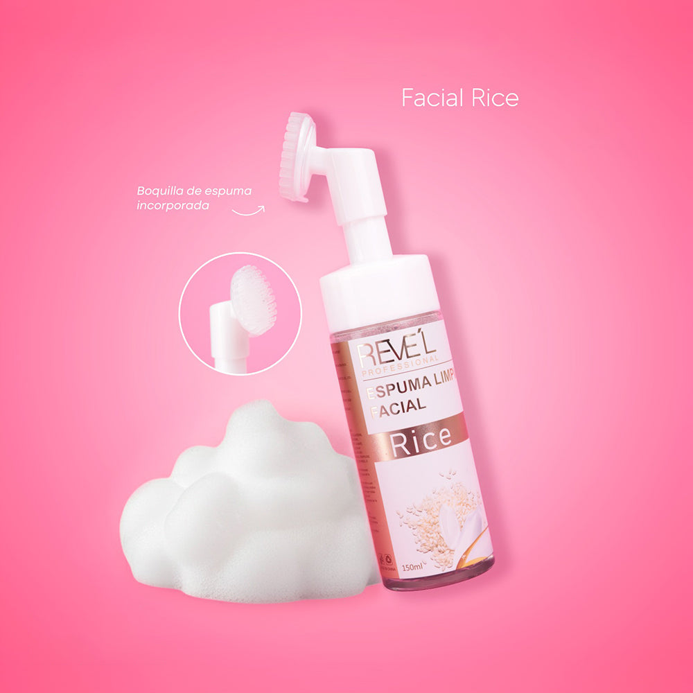 Espuma limpiadora facial Rice con boquilla de espuma incorporada y espuma generada sobre fondo rosa — Reve'l Professional 150 ml