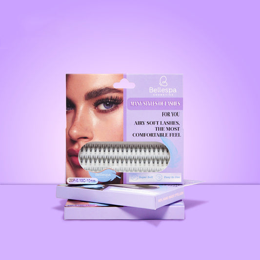 Caja de extensiones de pestañas individuales Bellespa Cosmetics Airy Soft Curl C 0.10mm, 20 mechones hechos a mano, disponibles en 10mm y 12mm.