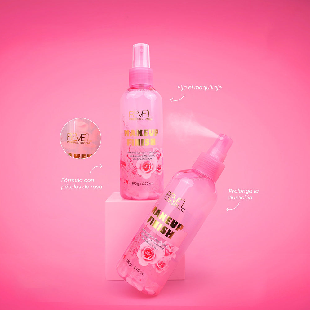 Fijador Makeup Finish Reve'l con extracto de pétalos de rosa 190g, spray que sella y prolonga la duración del maquillaje con acabado natural uniforme
