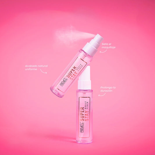 Fijador de maquillaje Super Stay Double Fixer Reve'l Professional en spray, sella y prolonga la duración con acabado natural uniforme