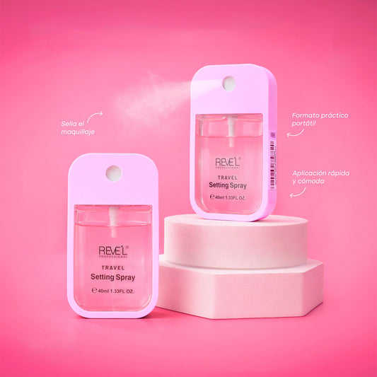 Fijador de maquillaje Travel Setting Spray 40ml Reve'l Professional en formato portátil rosa, sella y fija el maquillaje al instante