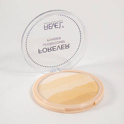 Forever Undercover Polvo Compacto Reve'l – Polvo marmoleado en tonos nude y beige, empaque redondo transparente con espejo, fondo blanco