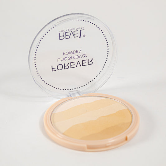 Forever Undercover Polvo Compacto Reve'l – Polvo marmoleado en tonos nude y beige, empaque redondo transparente con espejo, fondo blanco